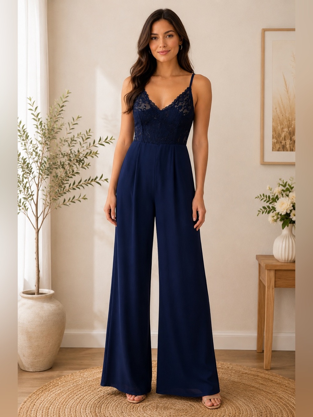 Lace Bodice Navy Wide-Leg Jumpsuit